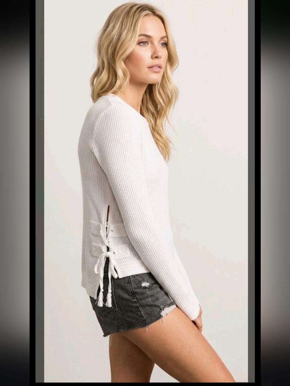 Free People One Thermal Waffle Knit Top S Side Tie White Boho Cottagecore 90s #1